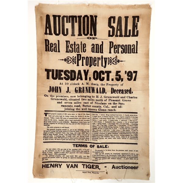 1897 Sutter County, California Estate Sale Broadside on Cloth [197631]