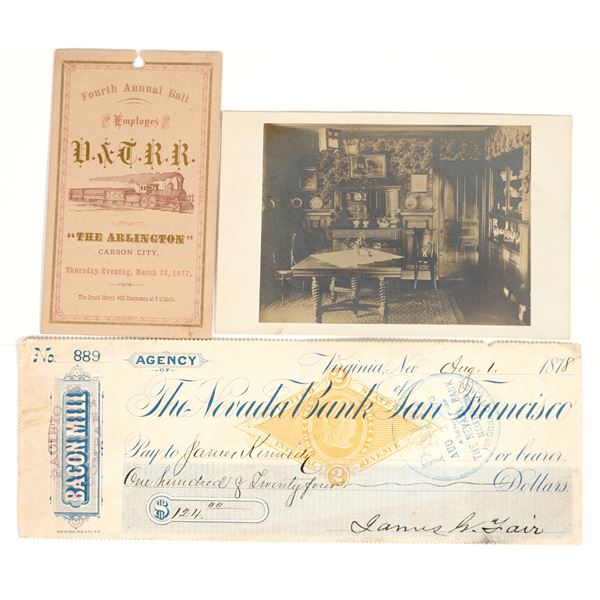 Comstock Trio: James Fair Revenue Check, RPPC, and V&T Railroad Ball Invitation [197610]