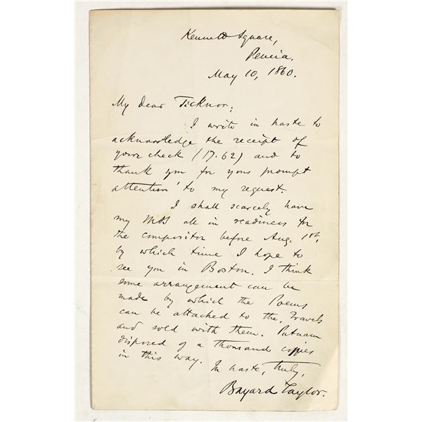 Letter from Bayard Taylor, Famous U.S. Poet & Travel Writer [198827]