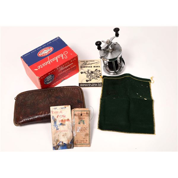 Shakespeare 1946 FA Baitcasting Reel and Vintage Flies with Leather Case [186109]