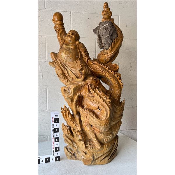 Buddha w/Coiled Dragon Boxwood Root Sculpture [172006]