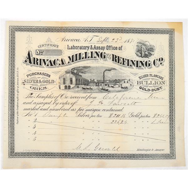 Assay Certificate for the California Mine and Arivaca Milling & Refining Co. Arizona Territory 1881 