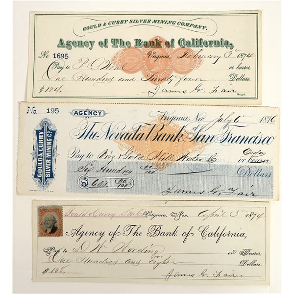 Virginia City, Nevada Mining Check Trio Signed by James G. Fair [198890]