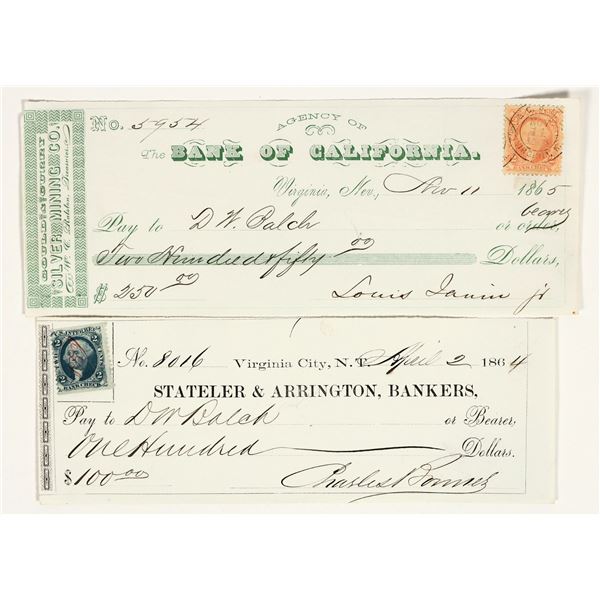 Virginia City, Nevada Gould & Curry Mine Check Pair Issued to Assayer DW Balch [199162]