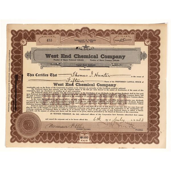 West End Chemical Stock, Borax Smith's Comeback- Rare [165530]