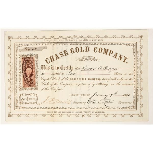 Chase Gold Company Stock Certificate, Colorado Territory, 1865 [200310]