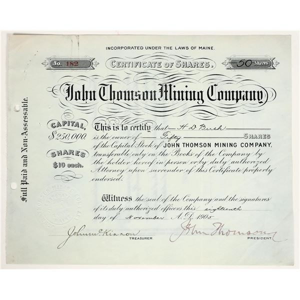 John Thomson Mining Company Stock Certificate [200459]