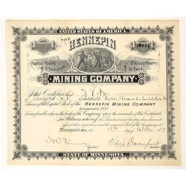 Hennepin Mining Company Stock Certificate Issued to Namesake of Mining Town [200305]
