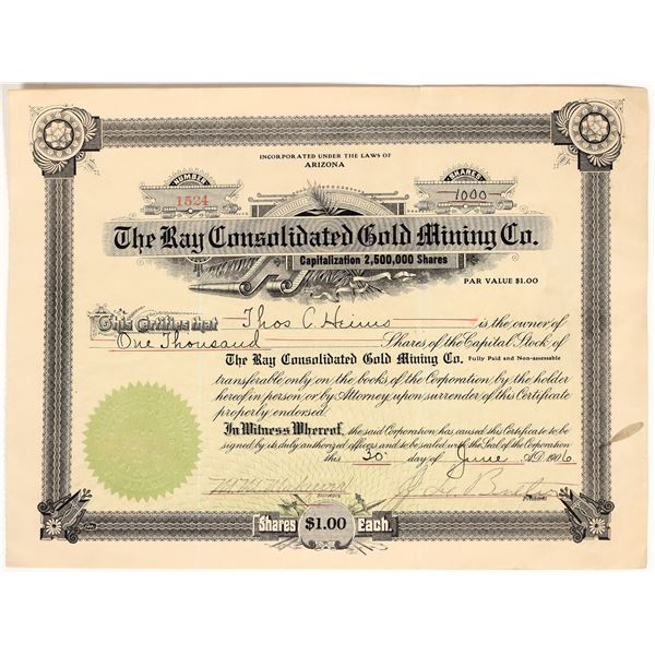 Ray Consolidated Gold Mining Co. Stock Signed by Jim Butler, Discover of Tonopah [200474]