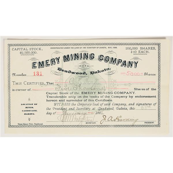 Emery Mining Company of Deadwood Stock Certificate [200336]