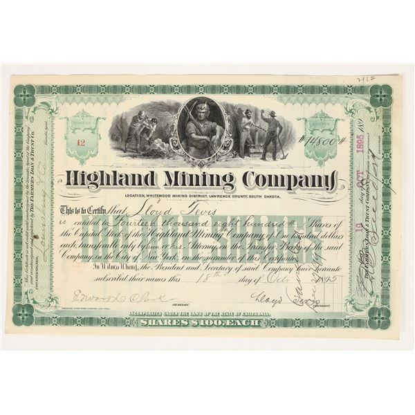 Highland Mining Co. Stock Certificate, 1895, Tevis Signed 2x, Cert No. 12 [200567]