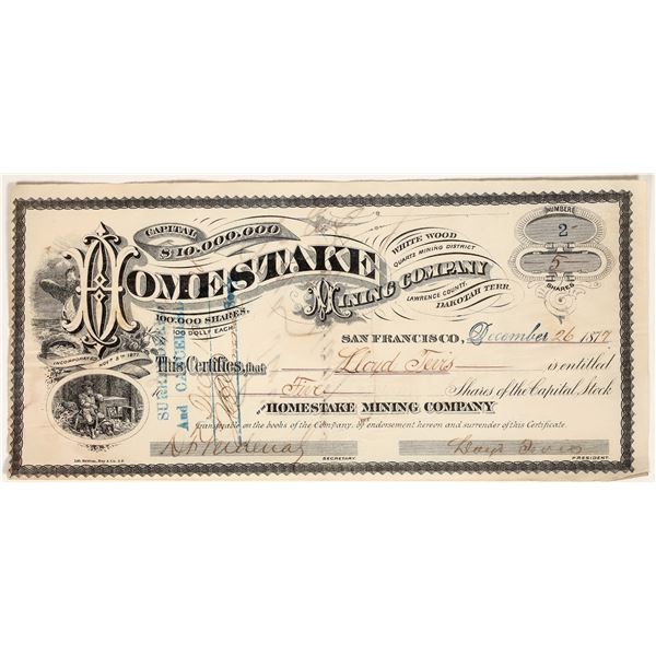 Homestake Mining Co. Stock Certificate No. 2, 1877, Tevis - Haggin [200568]