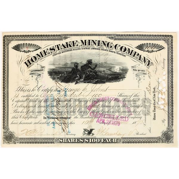 Homestake Mining Company Stock Certificate, #2 Issued, 1878 [200319]