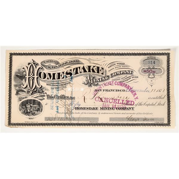 Homestake Mining Company Stock Issued to Vice President Lounsbery, Tevis Autograph [200328]