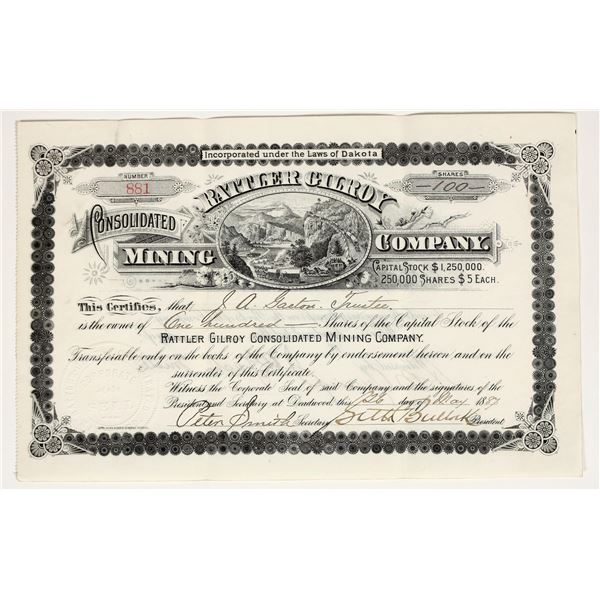 Rattler Gilroy Consolidated Mining Company Stock Certificate Signed by Seth Bullock [200324]