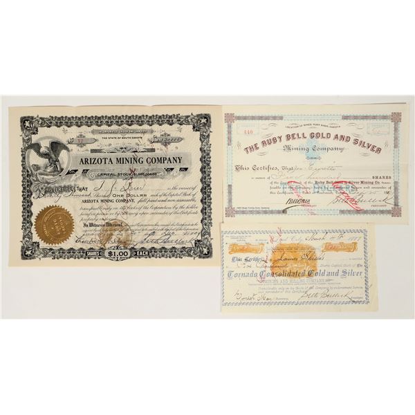 Three Mining Stock Certificates Signed by Deadwood Sheriff Seth Bullock as President [200320]