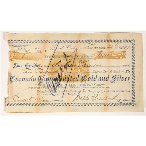 Tornado Consolidated Gold & Silver Mining & Milling Stock #1 Signed by Seth Bullock [200325]