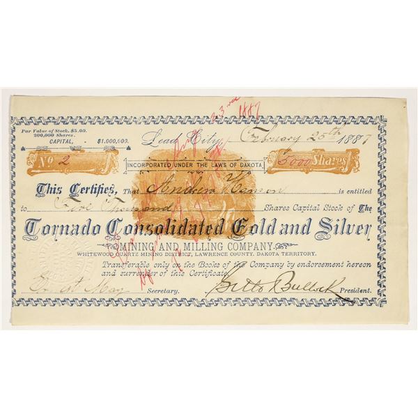 Tornado Consolidated Gold & Silver Mining & Milling Stock #2 Signed by Seth Bullock [200326]