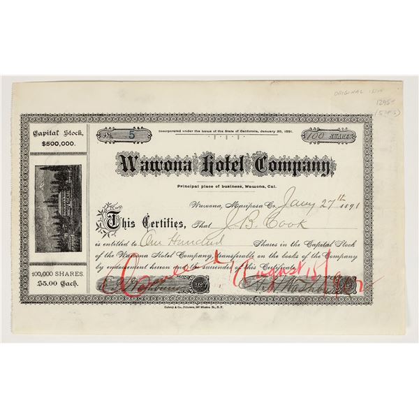 Wawona Hotel Company Stock Certificate, #5 Issued, 1891 [200337]
