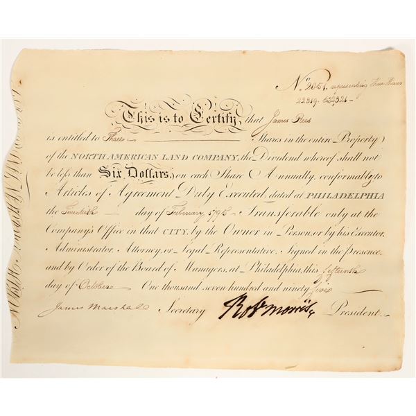 North American Land Company Stock Signed by Founding Father Robert Morris, Uncancelled [199263]