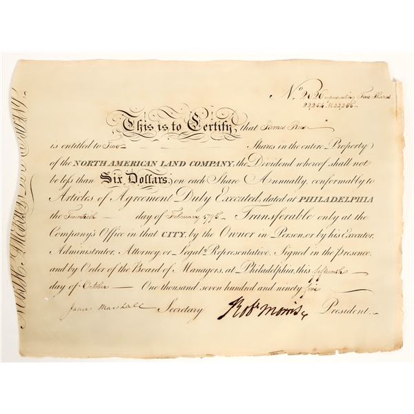 North American Land Company Stock Signed by Founding Father Robert Morris, Uncancelled [199264]