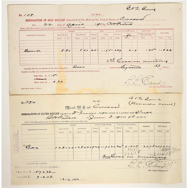 Carson City Mint Memorandum Pair: Silver & Gold Bullion Forms [197501]