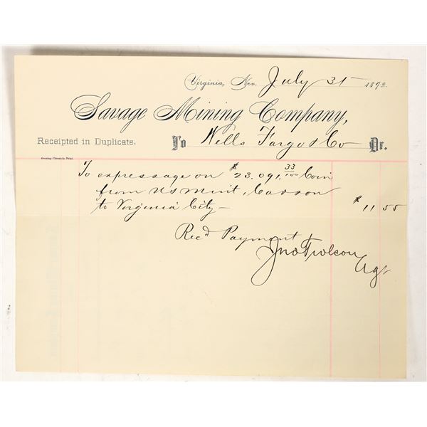 Comstock Mine Billhead for Carson City Mint Gold Coin Express Shipment, 1892 [197312]