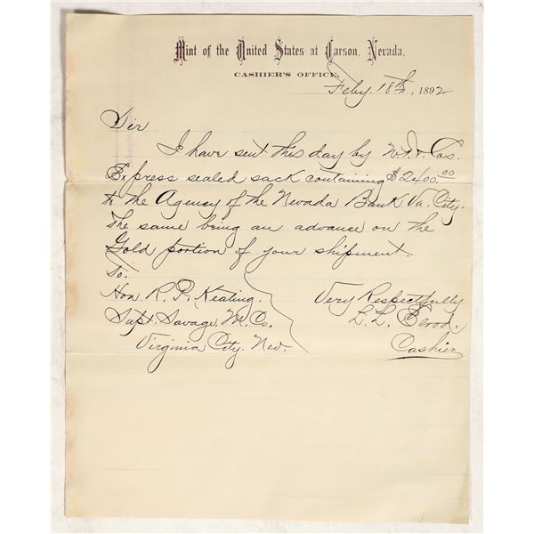 Carson City Mint Letter About Gold Coin Wells Fargo Shipment to Virginia City, NV [199956]