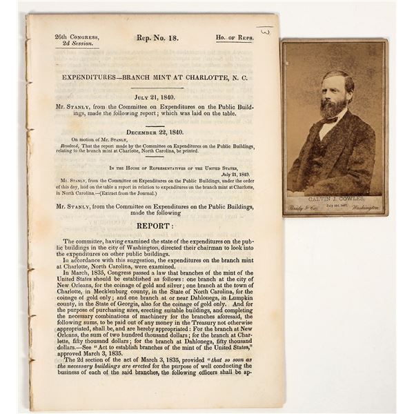 Charlotte Mint Report and CdV of Calvin Cowles by M Brady [196856]