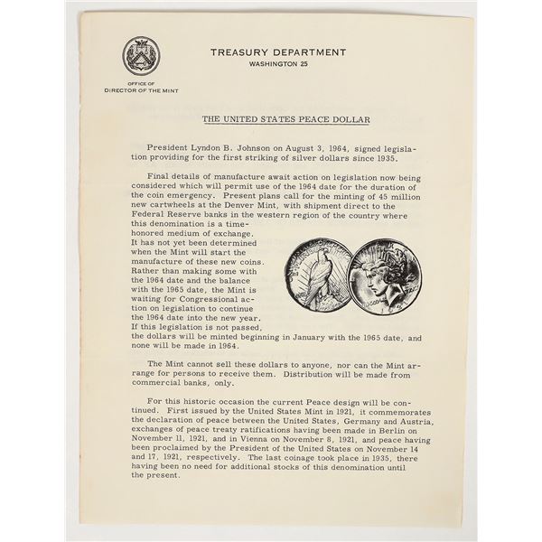Treasury Dept. Peace Dollar Press Release, 1964 [196859]