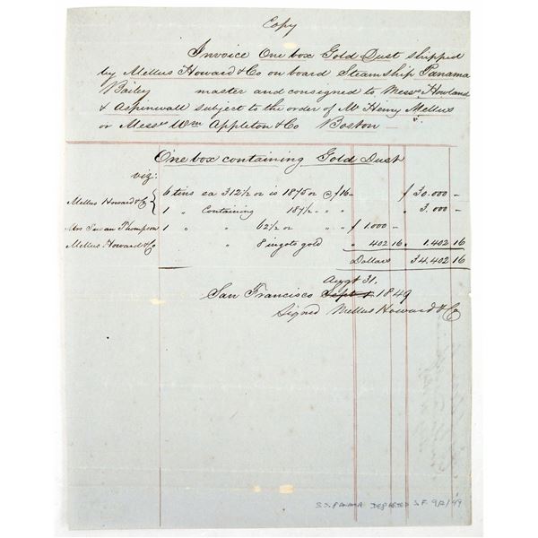 Invoice for Gold Dust & Ingot Shipment on the S.S. Panama September, 1849 [194522]