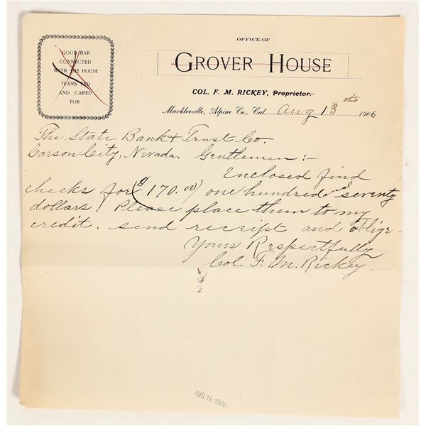 Col. FM Rickey Grover House Letterhead, 1906--Pair with Token!! [199762]
