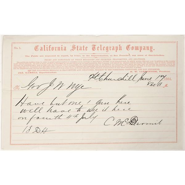 Ft. Churchill, Nevada Territory Telegram to Governor Nye, Civil War-Era [197527]