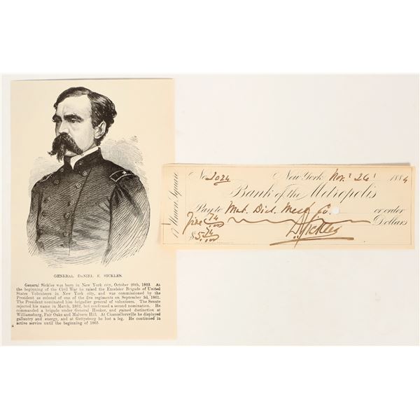 Civil War General Daniel Sickles Signed Check and Engraved Portrait [196918]
