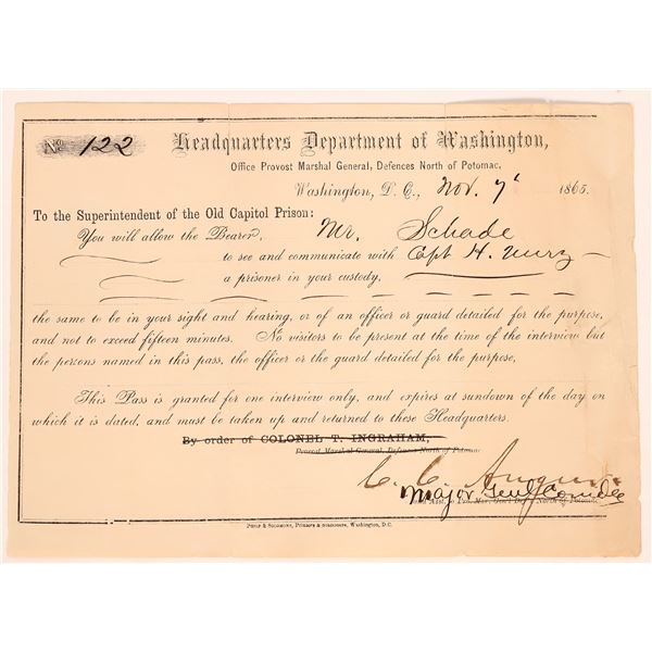 Civil War - Andersonville- Captain Henry Wirz Prison Pass [182429]