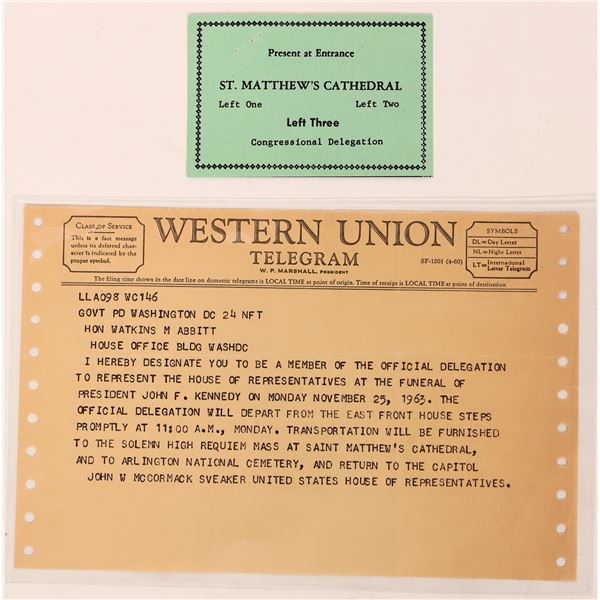 JFK Assassination-Funeral Telegram, House of Reps. and Ticket, 1963 [181854]