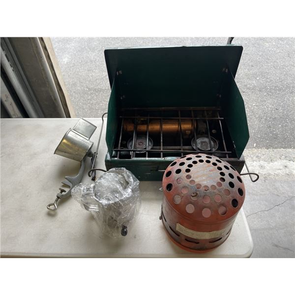 COLEMAN CAMP STOVE, HEATER AND MEAT GRINDER, SIFTER ETC