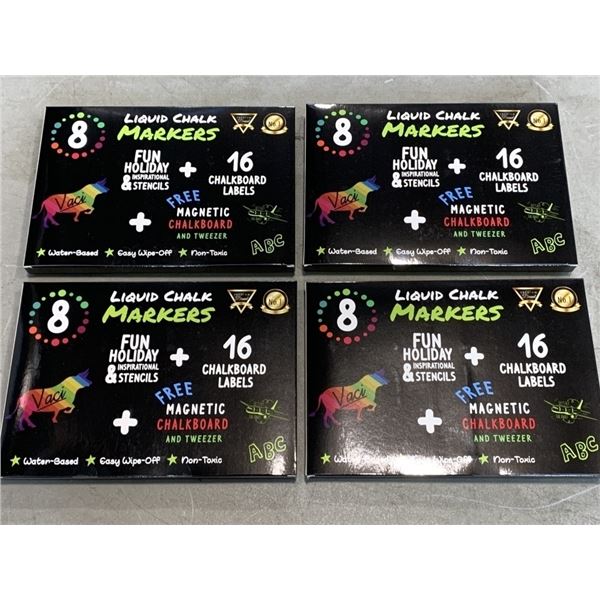 4 NEW LIQUID CHALK MARKER KITS WITH STENCILS, MAGNETIC CHALKBOARD AND LABELS, WATER BASED, NON TOXIC
