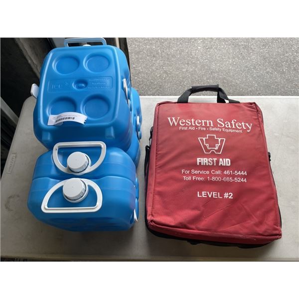 FIRST AID KIT AND THREE CAN COOLER PACKS