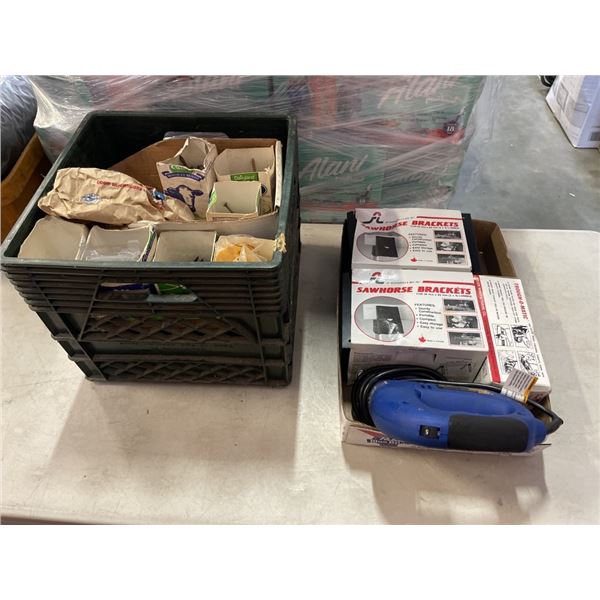 CRATE OF HARDWARE, SAWHORSE BRACKETS AND JIGSAW