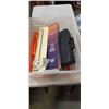 Image 1 : TOTE OF CORD REELS, PIPE CUTTERS, SAW BLADE AND NEW 7 IN 1 BBQ SPATULA