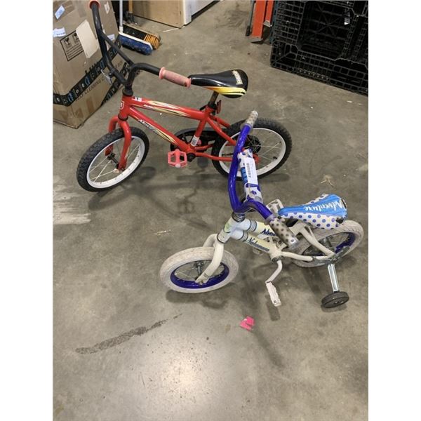 RED MOBELLO KIDS BIKE AND WHITE NAKAMURA KIDS BIKE BOTH WITH TRAINING WHEELS