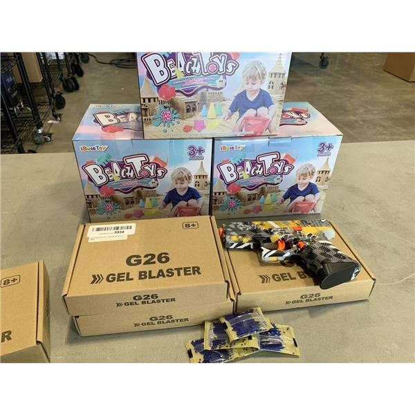 3 NEW 16PC BEACH TOY SETS AND 4 NEW GEL BLASTERS