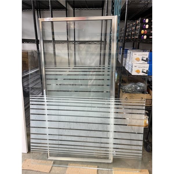 ETHCED GLASS SHOWER DOOR AND SIDE PANEL, PANEL 51 X 53 AND DOOR IS 32 WIDE AND 65 INCH