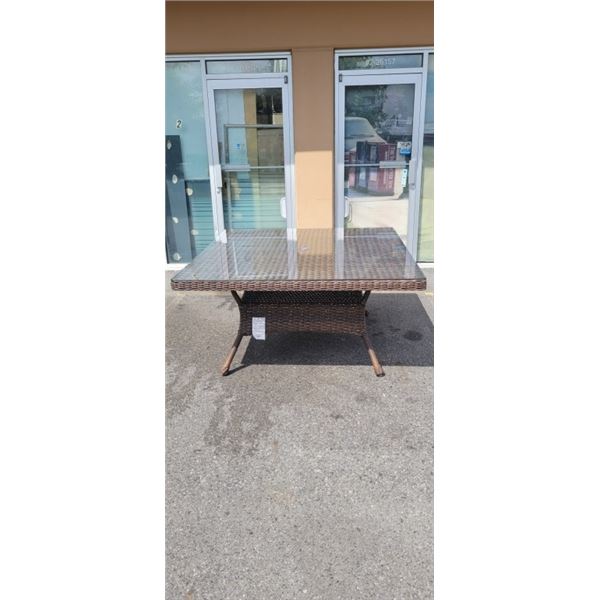NEW RATANA 60 X 60 DARK BROWN OUTDOOR PATIO TABLE WITH TEMPERED GLASS TOP, RETAIL $999 USD 2 BOX LOT