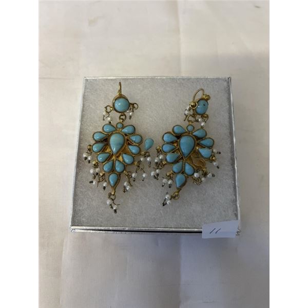 PAIR OF VINTAGE SILVER WITH TURQUOISE AND PEARL EARRINGS