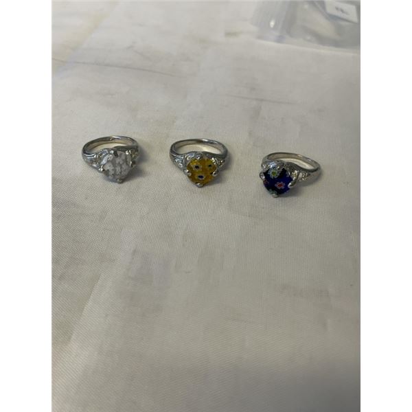 3 SILVER W/ MILLEFIORE VENETIAN GLASS STONE RINGS
