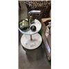 Image 3 : RATTAN WASTE BASKET WITH HOME DECOR, LARGE GLASS VASE AND TWO TIER DISPLAY INCLUDES GLASS BALLS