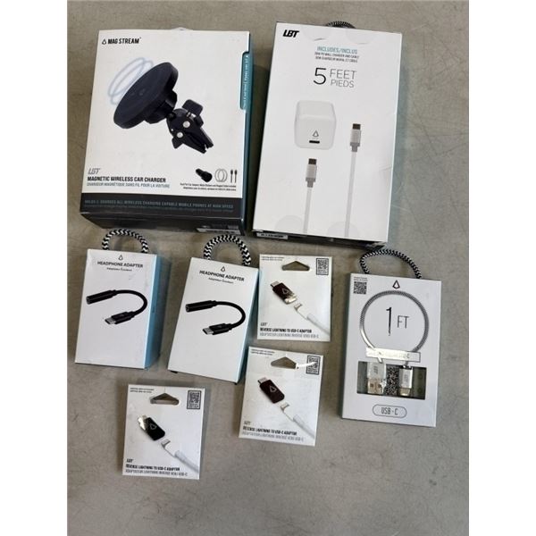 LBT MAGNETIC WIRELESS CAR CHARGER, 30W WALL CHARGER, HEADPHONE ADAPTERS, USB CABLE AND ADAPTERS