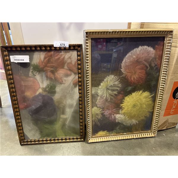 2 ANTIQUE PASTEL FLORAL/FRUIT STILL LIFE ART